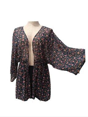 Navy Floral Kimono Cardigan Sheer Open Front Boho Lightweight